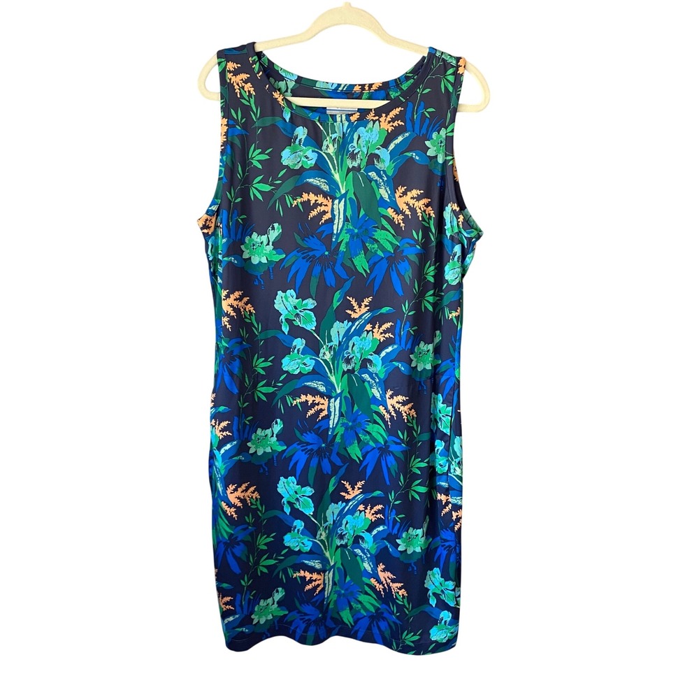 Columbia Womens XL/TG‎ Blue Green Tropical Floral Sleeveless Pockets Shift Dress